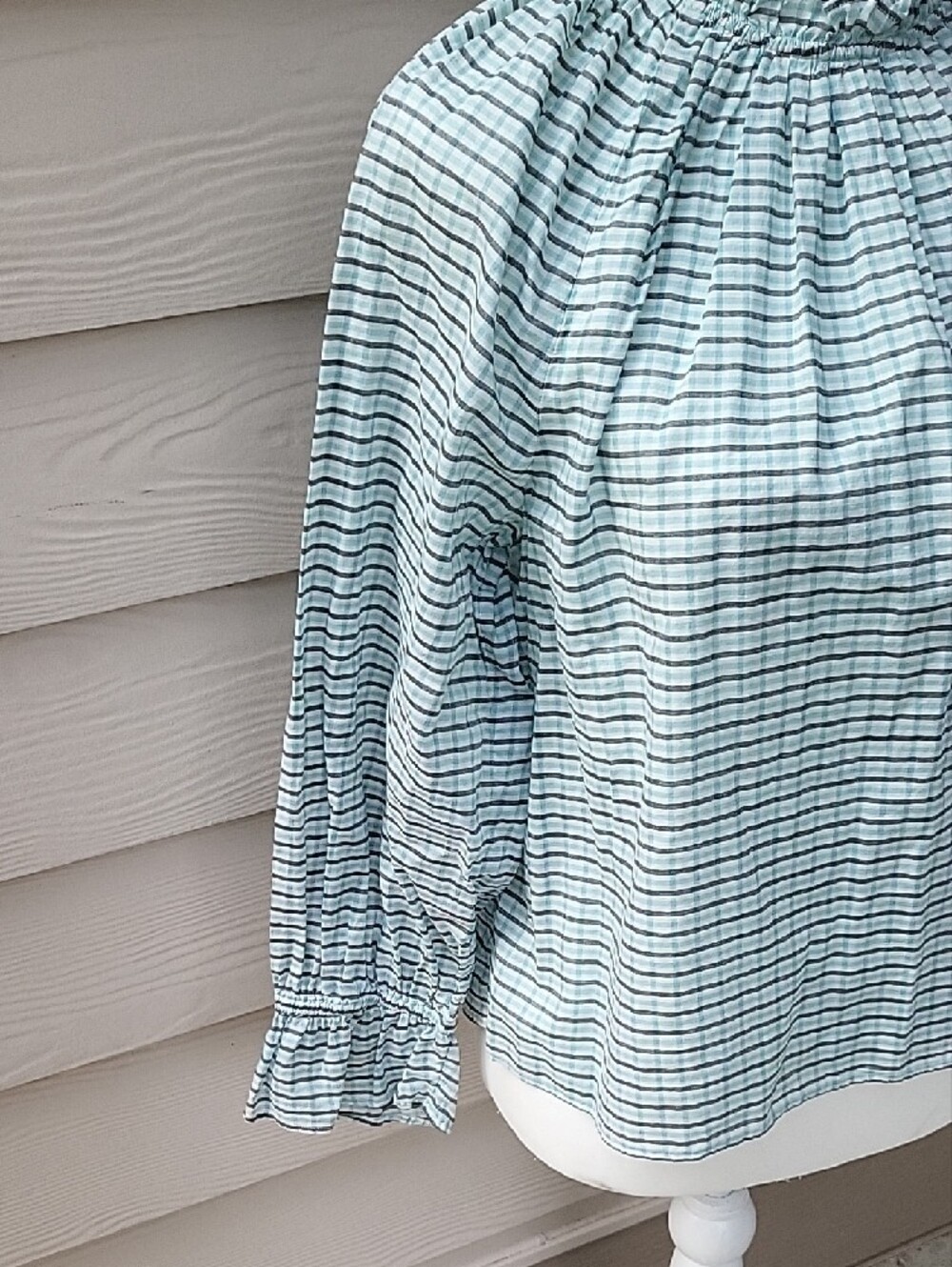 J.Crew Blue Plaid Smocked Neck Ruffle Blouse Size Small Cotton Long Sleeve Top - Picture 3 of 14